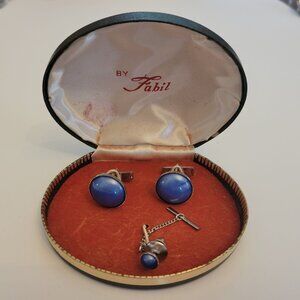 Vintage Fabil Blue Cufflinks & Tie Tack Set In Original Box